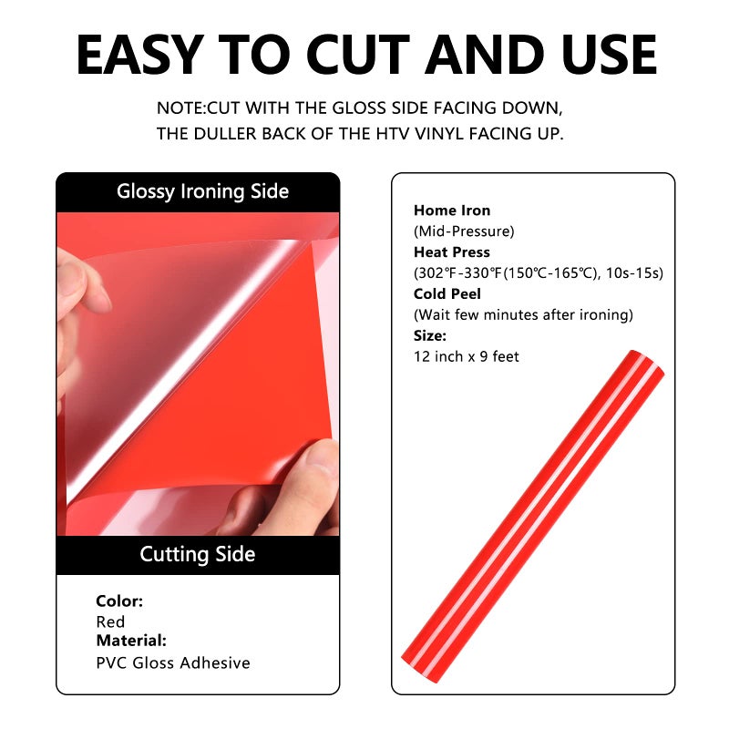 FUNKAKA Red HTV Heat Transfer Vinyl Rolls, 12" x 9ft Glossy Red Iron on Vinyl for T-Shirt, Adhesive Vinyl for All Cutter Machines Easy to Cut & Weed for Heat Vinyl Design - Image 2